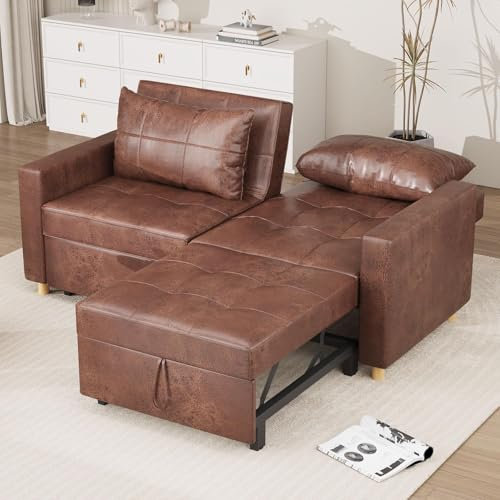 YODOLLA 2-Sitzer Schlafsessel,196 x 175 x 92 cm, Doppelbett mit Verstellbarer Rückenlehne zu einem Schlafsofa, Schlafsessel mit Bettfunktion, Ausziehbar Schlafsofa für Erwachsene, Braun