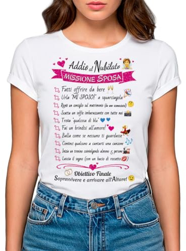 Gigio Store Maglietta Addio al Nubilato Sposa - Checklist Missioni Divertenti & Originali - T-Shirt Bianca Donna con Emoji Simpatiche - Idea Regalo Perfetta per Festa Futura Sposa