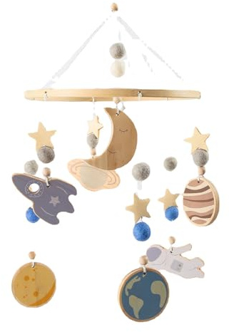 Astronaut Holz Baby Mobile, Weltraum Windspiel mit Filzbällen Mond Sterne Babyzimmer Holz Mobile, Mond Sterne Babyzimmer Mobile Jungen Mädchen Bettglocke Anhänger zum Aufhängen (Weltraum,1pcs)
