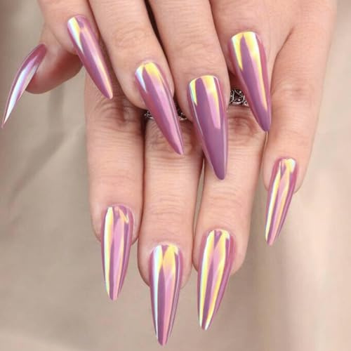 Press On Nails - Pink Chrome Fake Nails - Long Medium Stiletto Aurora False Nails With Glue - Elegant Almond French Tip False Nails - Full Cover Stick On nails For Women Girls Daily Party Wear Gift