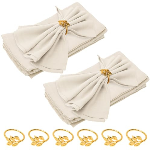 Leinenservietten Stoffservietten Weihnachten, Baumwoll Servietten und Serviettenringe Set, für den täglichen Gebrauch Party Hochzeiten (Beige, 40x40cm-6 Servietten + 6 Serviettenringe Set)
