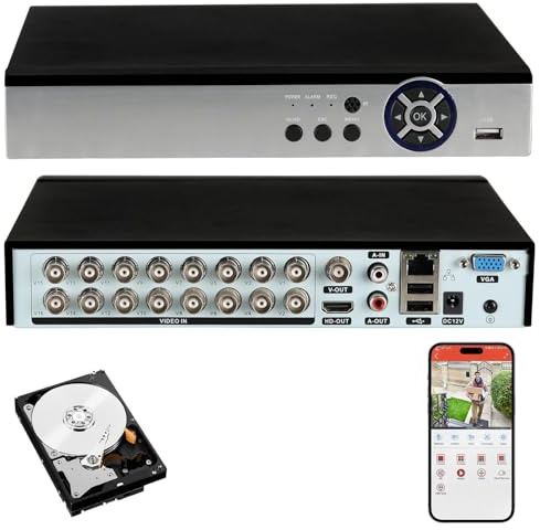 16 Channel Hybrid Security Video Recorder with 1TB Hard Drive | 5MP H.265+ Surveillance DVR for Analog AHD, TVI, CVI, CVBS , IP Cameras