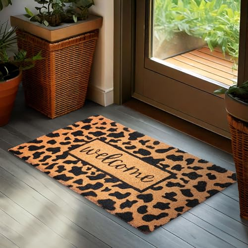 BRUBAKER Fußmatte für Außen und Innen - Welcome mit Leopardenmuster - 45 x 75 cm Schmutzfangmatte aus Kokos - Fußabtreter Wetterfest und rutschfest - Türmatte für Haustür - Leoparden Muster