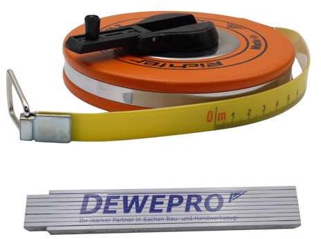Richter Glasfaserbandmaß 10 m – 16 mm breit – gelbes Gewebeband mit mm-Teilung – in robuster Platalkapsel mit Kunststoffüberzug – Maßanfang A (10 cm Vorlauf) inkl. DEWEPRO Zollstock 2 m