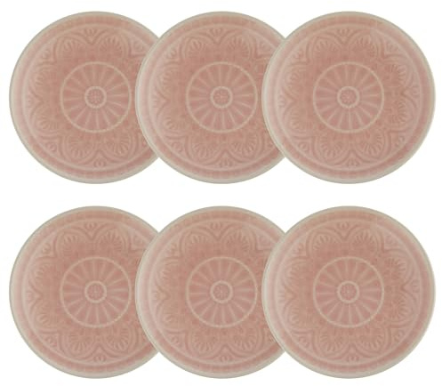 BUTLERS 6er Set Teller Steinzeug - SUMATRA - Spülmaschinenfest | Farbe Pink - ø 14 cm - Kuchenteller für Kuchen & Desserts - Dessertteller für Snacks & Gebäck - Reliefdekor