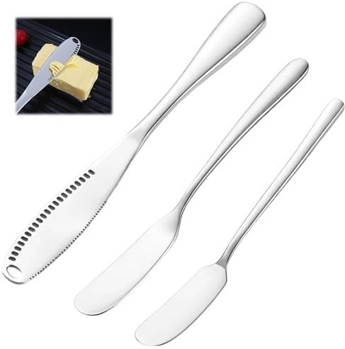 YciVhh 3 Pcs Butter Knife, 3 In 1 Stainless Steel Butter Knives with Holes, Utensil Collection with Ergonomic Handle Design, Cold Butter Spreaders, Curler and Micro Grater for Cheese, Peanut