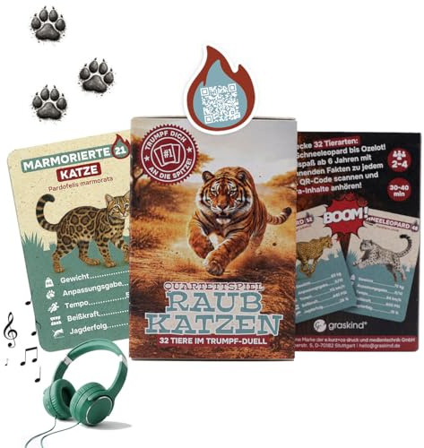 Graskind Juego de cuarteto de gatos depredadores, 32 tarjetas de 9 x 6 cm en papel de hierba con fuerza de triunfo y códigos QR de audio, caja con hoja de reglas, para niños a partir de 6 años