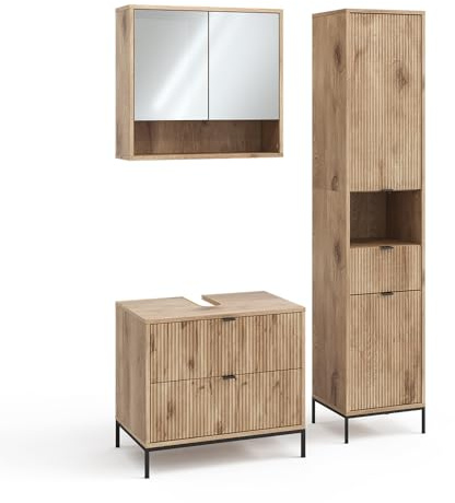 Vicco Badmöbel-Set Eliza, Viking Oak, 70 cm, besteht aus Waschbeckenunterschrank, Spiegelschrank und Hochschrank