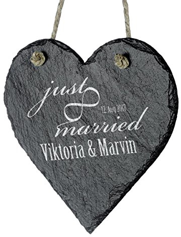 Schieferherz zur Hochzeit Personalisiert mit Gravur - romantische Hochzeitsgeschenke für Brautpaare - Schiefertafel 18 x 18 cm - Motiv just Married Unendlichkeit