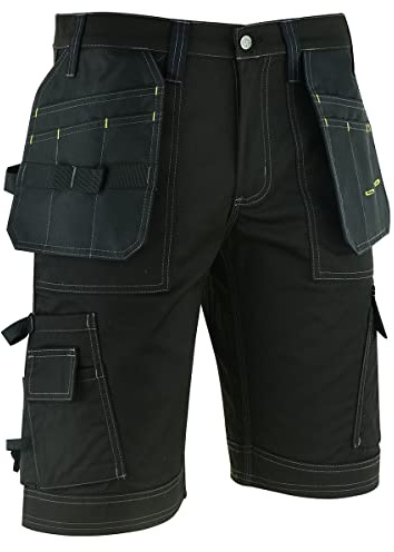 WrightFits Men Pro Builder Work Shorts - Black - Heavy Duty Safety Combat Cargo Summer Shorts – Multi Holster Pockets - Triple Stitched Durable Workwear (40W)