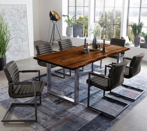 SAM 7 TLG. Essgruppe Quintus, Baumkantentisch 140x80 cm, Akazie-Holz nussbaumfarben, Gestell Silber, 6X Schwingstuhl Parzivo anthrazit