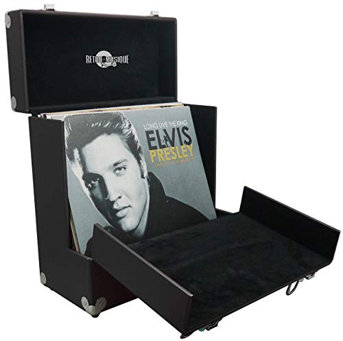 Retro-Musik-Aufbewahrungsbox für Schallplatten, 30,5 cm (12 Zoll), Lederoptik, mit einzigartiger Klapp-Frontklappe für besseren Zugang zu Ihren LPs türkis … (BLACK)