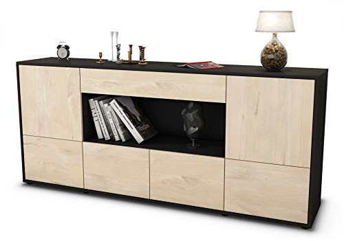 Stil.Zeit Sideboard ELSA, Korpus anthrazit matt, Front Holz-Design Zeder (180x79x35cm) Push-to-Open Technik & Leichtlaufschienen