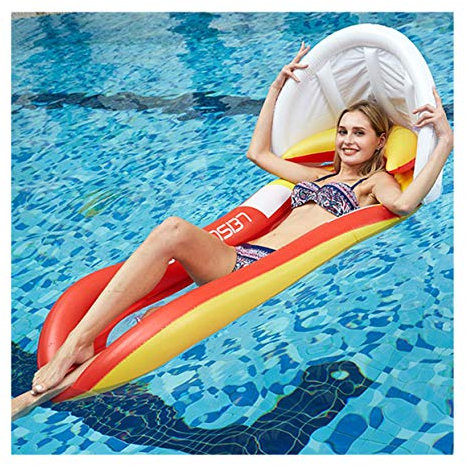 nice--buy Piscina de agua Salón con toldo hinchable piscina flotador con reposacabezas sombrilla para piscina, hamaca de agua salón-cama flotante 63 x 35 pulgadas azul rojo, Rojo, 63x35 inches