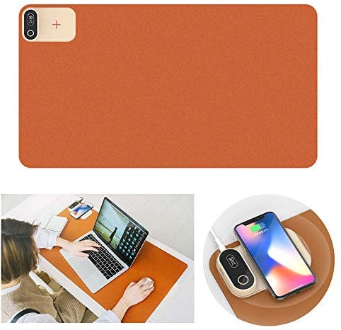 3 in 1 Wireless Charger Desk Pad for Qi-Enabled Devices, Wireless Fast Charging Mouse Mat with Heating Function, Perfect for Winer Home and Office Use,Brown