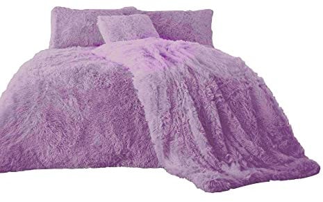 EXQUIZIT HOME Teddy Cuddles Fleece Duvet Quilt Cover Bedding Set With Matching Pillowcase Warm and Cosy Hug & Snug Lilac Bedding Set Single 135cm x 200cm Approximately.