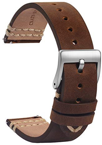 TStrap Leder Uhrenarmband 22mm - Weich Braun Quick Release Uhrenarmbänder Ersatz - Sport Uhrenarmband für Herren Damen - Smartwatches Armband mit Silber Schließe - 18mm 19mm 20mm 21mm