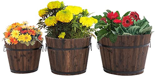 Outsunny Set di 3 Vasi Secchielli per Piante Fiori, Set Vasi da Esterno in Legno di Diverse Dimensioni