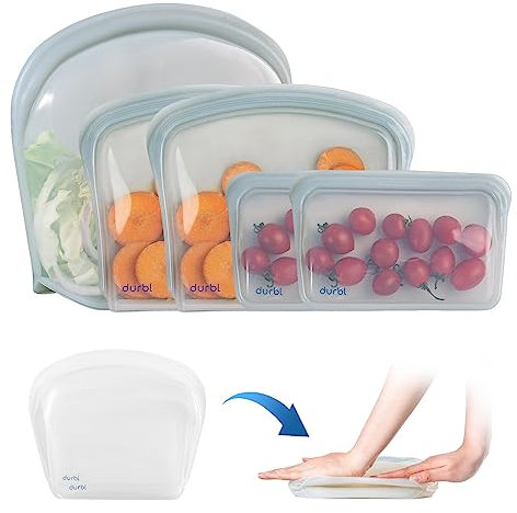 Durbl,5 Stück,Wiederverwendbare Silikon-Lebensmittelbeutel (Himmelblau),Mikrowellen-, spülmaschinen- und gefriergeeignet,Baggies perfekt für Snacks Sandwich-Aufbewahrung,BPA-frei umweltfreundlich