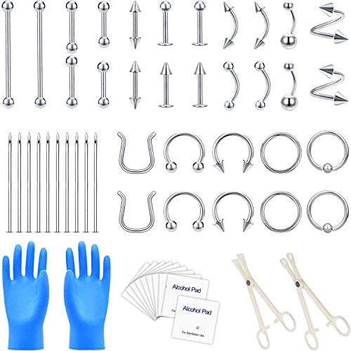 54Pcs Kit de Piercing en acier inoxydable 14G 16G Septum Mamelon Lèvres Ventre Anneaux Tragus Conch Daith Helix Nez Kit de bijoux de piercing industriel