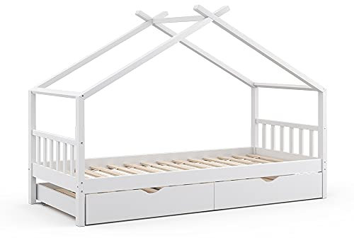 VitaliSpa Hausbett Design, Bett aus Holz, Weiß, 90x200 cm mit Gästebett