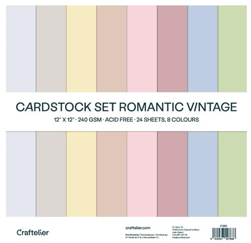 Craftelier - Set 24 Kartonbögen Romantic Vintage für Kartenherstellung, Scrapbooking und Bastelprojekte | Gewicht 240 Gramm | Größe 30,48 cm x 30,48 cm (12 x 12)