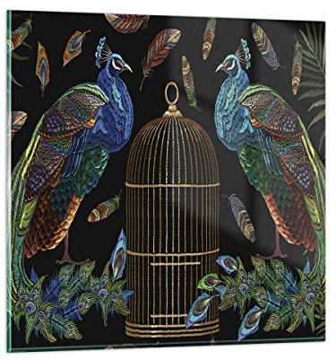 Bilder auf Glas Pfauen Gold Käfig Glasbild 30x30cm Wandbilder Dekoration Wohnzimmer Schlafzimmer Küche Deko Klein Wanddeko Bild im Glas Wand Kunstdruck Art Modern Wall Decor Glasdruck GAC30x30-4390