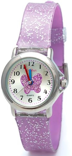 Kiddus | Kinderuhren. Mädchen Armbanduhr. Mit Übungen zum Uhrzeit Lernen. Kinderuhren mädchen. Mit Glitzer und Mit Hochwertigem Japanischen Quarzwerk. Ab 4 Jahre alt. Schmetterling.