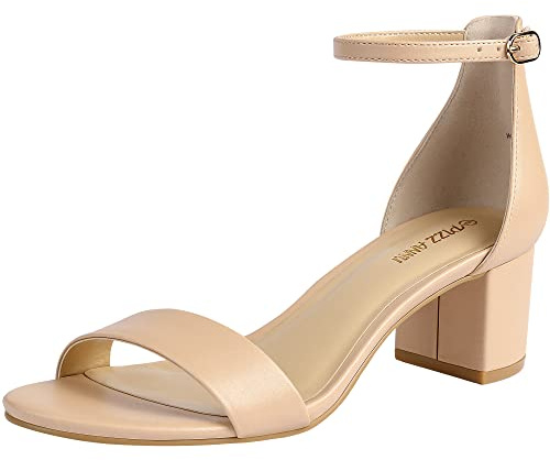 PIZZ ANNU Women's Low Block Chunky Heels Sandals Comfortable Open Toe Ankle Strap Party Dress Pump Shoes Strappy Buckle Heeled Sandal, Nude 8