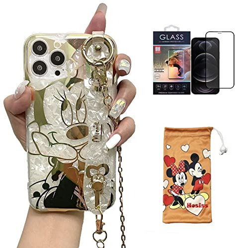 Hosiss Cartoon Case for iPhone 13 Pro Max 6.7 with HD Screen Protector, Minnie Mouse with Wrist Strap Kickstand Metal Chain Strap Soft TPU Shockproof Protective for Girls Women