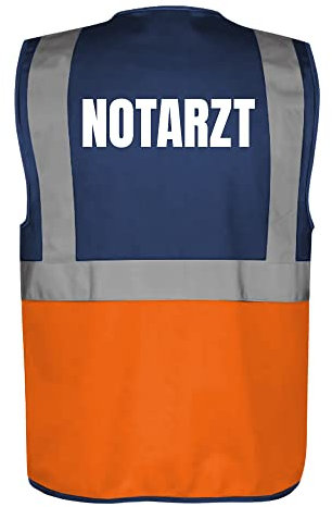 Fassbender-Druck WARNWESTEN - Sicherheitsweste NAVY/ORANGE mit Taschen und Reißverschluss nach EN ISO 20471 zertifiziert - Warn Weste für NOTARZT - Unisex mit hochwertigem Reflektorstreifen