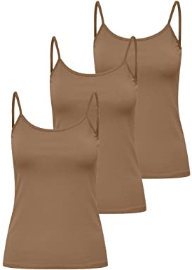 ONLY Damen 3er-Pack Basic Spaghetti-Träger Top Oberteil schmale Träger Shirt, Größe:S, Farbe:3er Braun