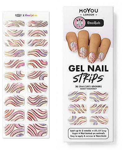 MOYOU LONDON Semi Cured Gel Nail Strips - 20 Pcs. Waterproof Gel Nail Wraps, Cures in Sunlight or UV/LED Lamp, Lasts Up to 2+ Weeks, Stretchable, Easy to Apply & Remove, Vegan & Cruelty-Free