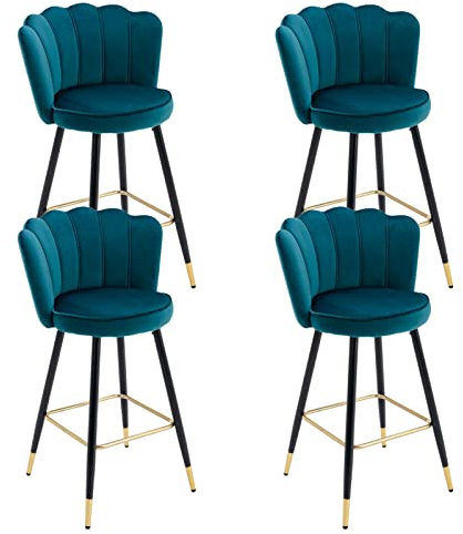 Wahson Lot de 4 tabourets de Bar en Velours Chaise de Bar Velours avec Pieds en métal, Tabouret Haut Cuisine Bleu pour îlot de Cuisine,Bleu Sarcelle