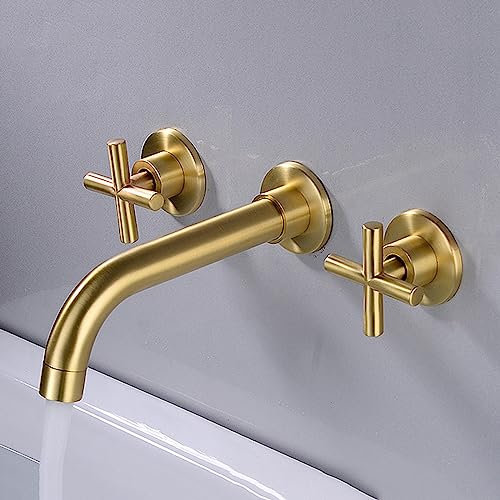 ZYCDP Wandarmatur Waschbecken Bad,Armatur Waschbecken Messing,Wasserhahn Bad 360° Wandmontage,Kaltes und Heißes Wasser Vorhanden,Doppelgriff,Unterputz Waschtischarmatur,Gebürstetes Gold
