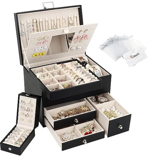 Casiwaft Schmuckkästchen, 3 Ebenen großer PU Leder Reise Schmuckschatulle mit tragbarer Mini-Box für Reisen, Schmuckbox mit Spiegel für Halsketten, Ohrringe, Ringe, Uhren, Schwarz