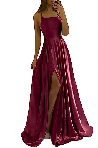 xxxiticat Eleganta långa balklänningar för kvinnor, satin, A-linje, bröllopsklänning, aftonklänningar, sexig halterneck, spaghetti, brudklänning, lång, prinsessa, brudtärneklänning, Vinröd, L