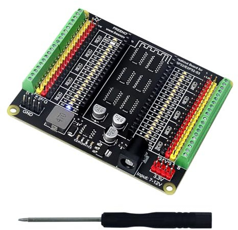 Freenove Breakout Board for ESP32 / ESP32-S3 WROVER WROOM, Terminal Block Shield HAT with Pin Header, 5V 3.3V Power Outputs, GPIO Status LED