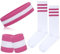 ONUPGO 5-teiliges gestreiftes Schweißband und Socken-Set, gestreiftes Stirnband, Schweißbänder, gestreifte hohe Socken für Männer, Frauen, Sport und 80er-Party (Striped Pink/White/Pink)