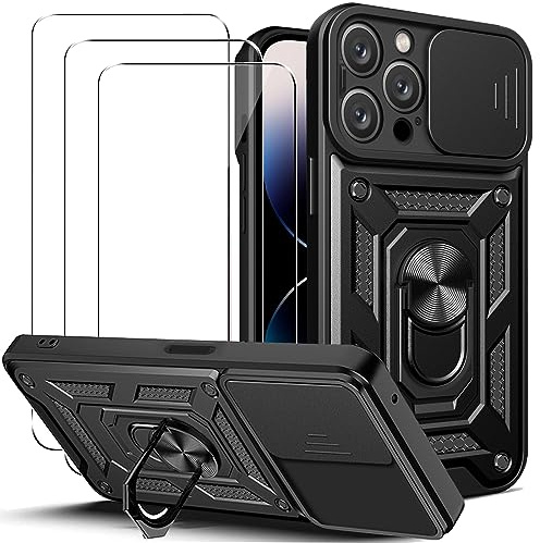 KUSINHOKA Funda para iPhone 15 Pro MAX con Protección de Cámara Cubierta y Soporte de Anillo + [3 Pack] Cristal Templado, [Antigolpes Grado Militar] [Anti-arañazos] Protectora Carcasa Funda
