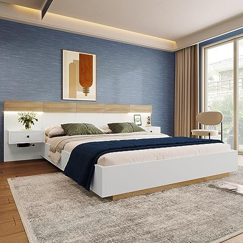 Merax Doppelbett Bettanlage mit 2 LED Nachtkommoden und USB C, Holzbett Bettrahmen mit Kopfteil und Lattenrost, 140 x 200 cm, Stilvolle Schwebebett, Schlafzimmer Komplett-Set, Weiß & Eiche Sonoma