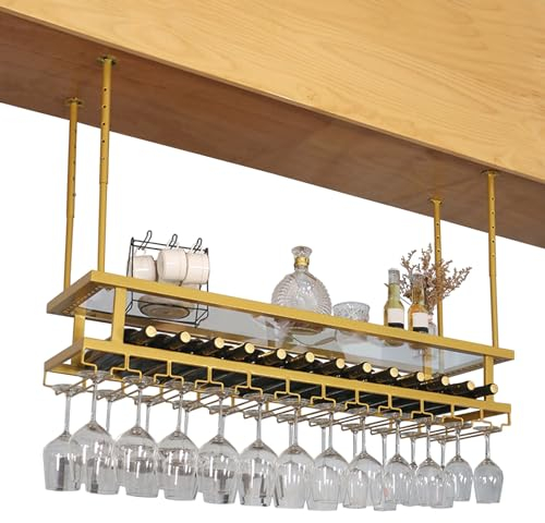 whalebee Weinregal Aus Metall Hängendes Umgekehrter Weinglashalter Höhe Verstellbar Platzsparend Regal, Stielgläserregal Große Kapazität 200cm-60cm Wein-Aufbewahrung Mit Acryl-Trennwand