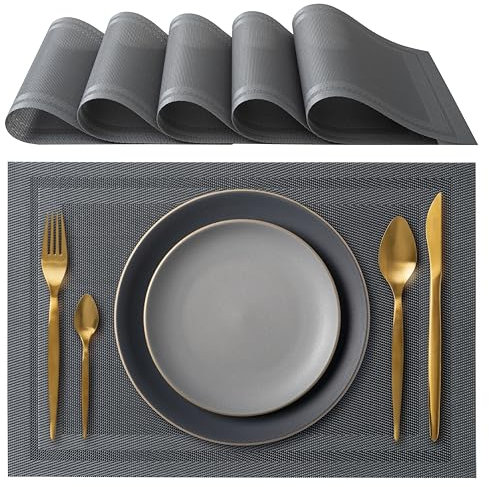 IPEA Sets de Table élégants 45 x 30 cm pour Dîner, Déjeuner, Petit Déjeuner - 6 unités - Set de Table Lavable, Résistant au Chaleur, antidérapant et Anti-Taches Tables Cuisine Salle à Manger - Gris