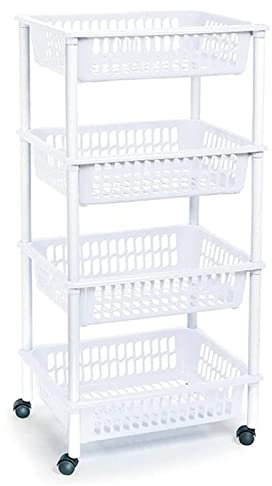 Acan Tradineur - Carrello per verdure, modello PLFT in plastica a 4 livelli e ruote, cestini impilabili portaoggetti, frutta, verdura, cucina, bagno (bianco, 85 x 40 x 30 cm)