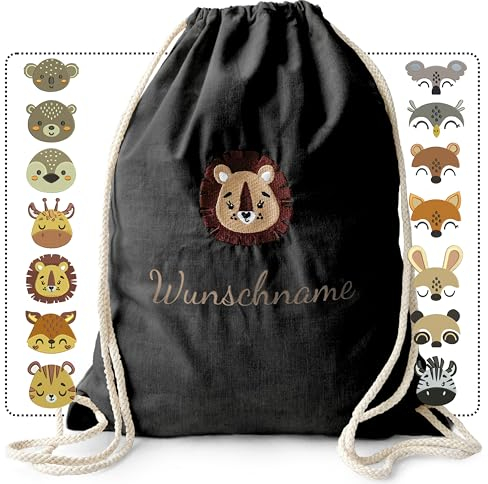 my STITCHERY Turnbeutel mit Namen und Motiv bestickt - Personalisierter Stoffbeutel mit Kordelzug aus Baumwolle für Kinder als außergewöhnliches Geschenk (Schwarz)