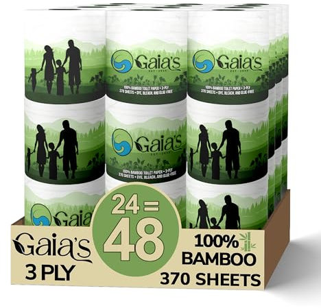 Gaias Premium und weiches Bio-Bambus-Toilettenpapier, 24 Megarollen, 3-lagig, 370 Blatt, FSC-zertifiziert, PFAS- und BPA-frei, umweltfreundlich, nachhaltiges Taschentuch – plastikfreie Verpackung,