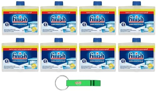 8x Finish Cura Lavastoviglie,Waschmittel für Geschirrspüler,Entfettende Wirkung,Fett- und Kalkablagerungen entfernen,Duft nach Zitrone und Limette 250ml + Beni Culinari Kostenloser Schlüsselanhänger
