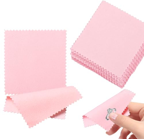 50Pcs Pink Jewelry Cleaning Cloth Double Sided Soft Jewellery Polishing Cloth Reusable Silver Cloth for Gold Silver Diamond Pearl Silverware Watches Pearl Gold Platinum Jewelry(8 * 8cm)