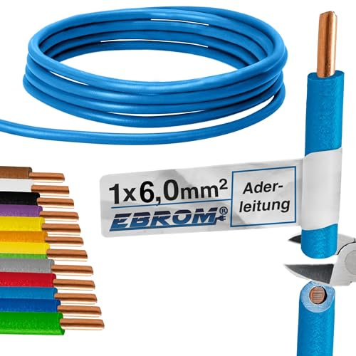 EBROM - Cavo singolo filo da 30 metri - Cavo di cablaggio rigido - Cavo in PVC - H07V-U 6mm2 | 6 mm² | 6 mm² | 6 mm2 - Colore: azzurro - rame pieno 99,9% rame OFC - Lunghezza: 30 metri