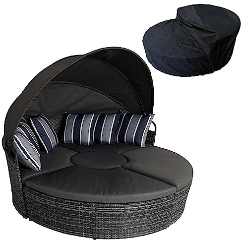 5-teiliges modulares Tagesbett-Set aus Weidengeflecht mit ausziehbarem Baldachin, Outdoor-Rattan-Sofa mit Mittelhocker, weiches Kissen und Bezug, Grau